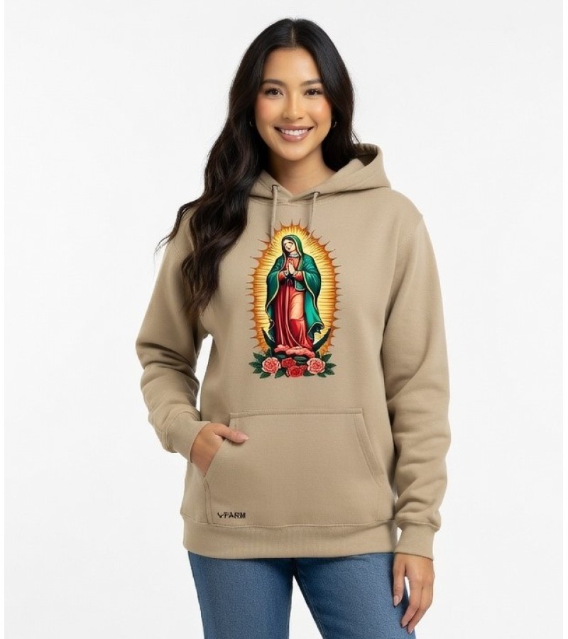 Blusa Moletom Com Bolso E Capuz Nossa Senhora De Guadalupe Bege